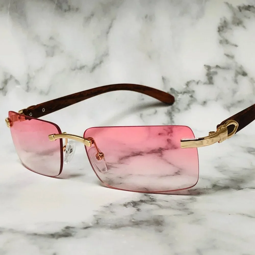 Women Men Sunglasses Pink Rimless Luxury Retro Shades Gold Metal Lentes Gafas‎